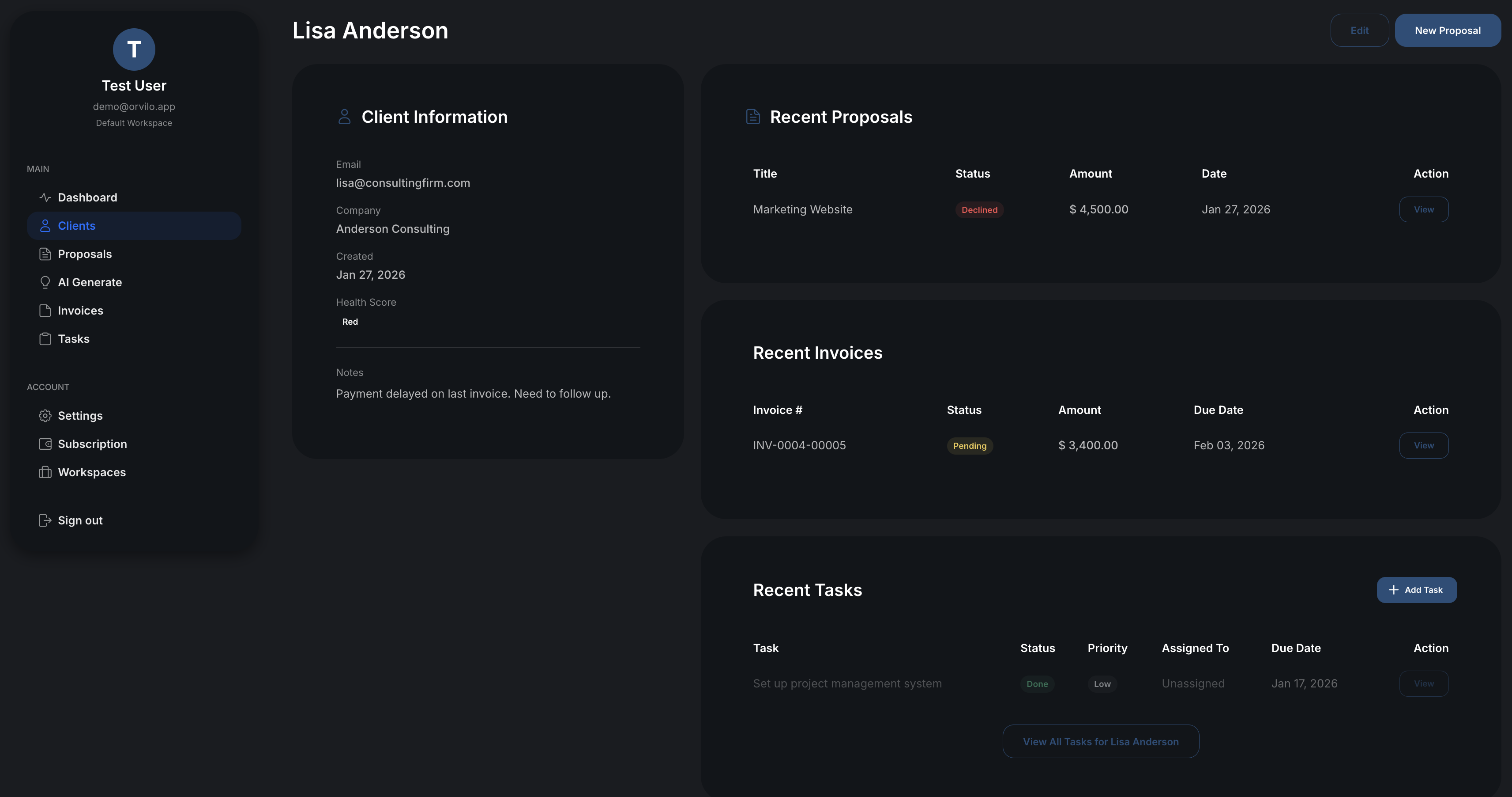 Client project management in Orvilo