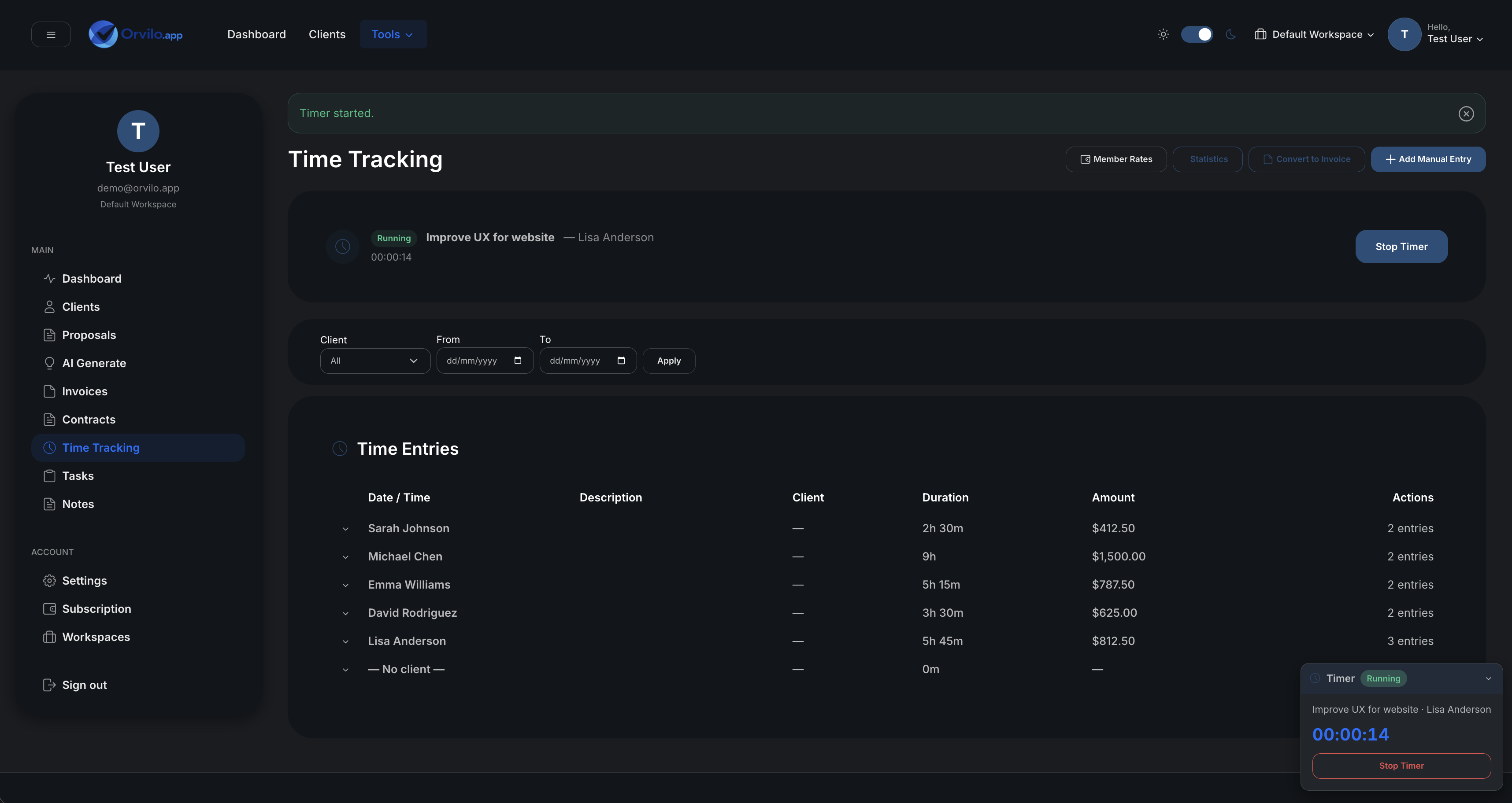 Time tracking in Orvilo
